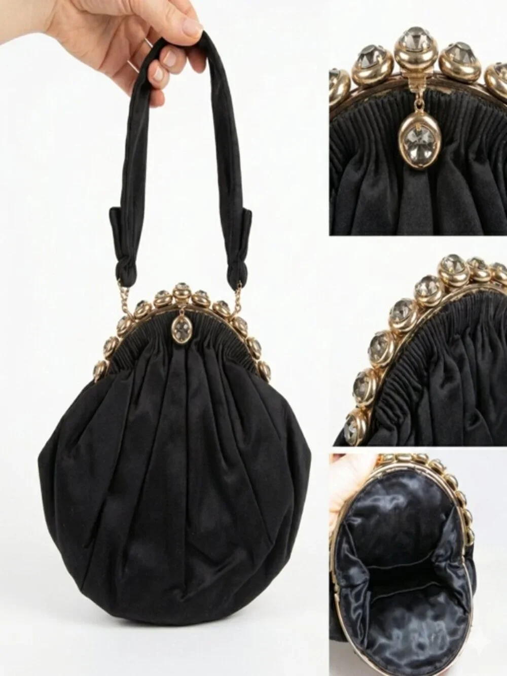 Vintage 1950s Black Satin Pouf Bag with Jeweled Frame Evening Bag Formal Costume